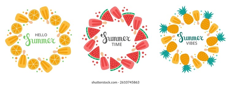 Set of summer sale banners with tropical fruits, watermelon, orange, pineapple and icecream in a vibrant circular design. Summer sale wreath. Cartoon style.