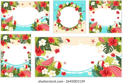 Set of summer sale banners with tropical flowers, leaves, watermelon, beach balls, sand and sea waves. Colorful vector templates for advertising, social media and promotions.