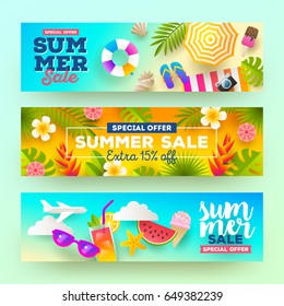 Set of summer sale banners. Vacation, holidays and travel colorful bright background. Vector illustration.