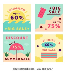 Set of summer sale banners with Watermelon background. Vector illustration with beach, sun, umbrella and air mattress