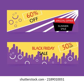 set of summer sale and Black Friday banners with fashionable abstract geometric elements and a bright background with discount text. Vector illustration in a flat style