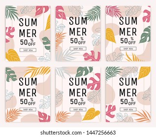 Set of summer sale design banner, tropical leaves, palm leaves, background, poster. vector.