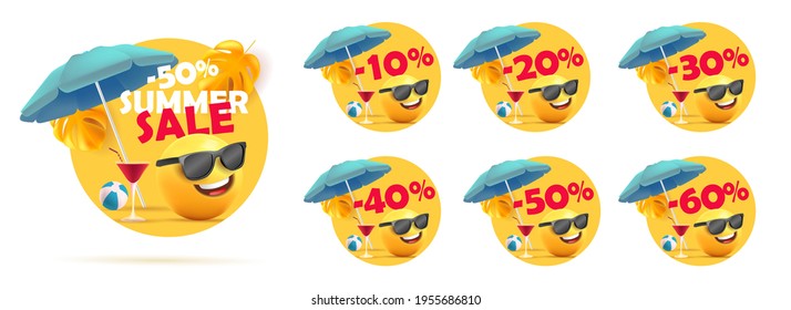 Set of summer sale discount price tags, circle shapes with 3d illustration of smiley face with blue umbrella and cocktails in sunglasses, with percent discount