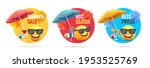 Set of summer sale discount tags, circle shapes with 3d illustration of smiley face emoji with umbrella and cocktails in sunglasses on the beach having fun