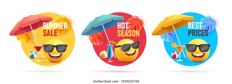 Set de etichete de reducere a vânzării de vară, forme de cerc cu ilustrare 3D de emoji cu fata smiley cu umbrelă și cocktail-uri în ochelari de soare pe plajă având distracție