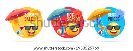 Set of summer sale discount tags, circle shapes with 3d illustration of smiley face emoji with umbrella and cocktails in sunglasses on the beach having fun