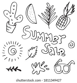 Set of Summer Sale Doodle Collection with leaf,watermelon,pineapple,tropical  leaves,cactus flower.