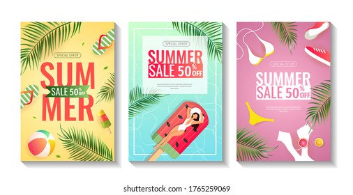 Set von Sommerverkaufsflyern mit Sommerelementen, Kleidung, tropische Blätter, Schwimmerin. Vektorgrafik für Sonderangebot, Promo, Werbung, Banner, Rabatt, Flyer.