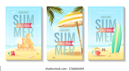 Set of summer sale flyers with sand castle, sunshade and palm leaves, surfboard and ball on the beach. A4 Vector illustration for special offer, promo, advertising, banner, discount, flyer.