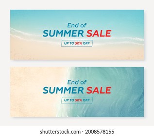 Set of summer sale horizontal banner. Vector beautiful realistic top view illustration of sandy summer beach