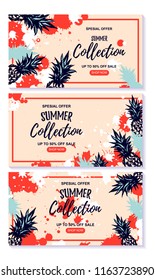 Set of Summer Sale horizontal banners with hand drawn elements. Vector illustration.