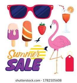 set, summer sale label, sunglasses, ice creams, strawberry, cocktail, flemish, icons season summer vector illustration design