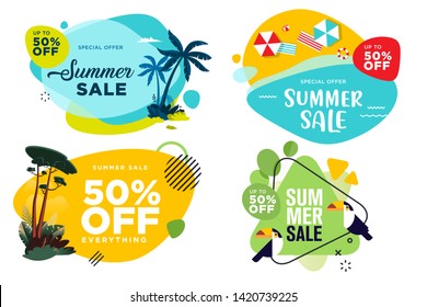 Set of summer sale labels and badges. Flat design vector illustration for website design, online shopping, product promotion, social media, ads, advertising material.