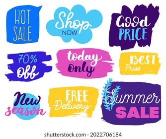 Set of summer sale labels. Hand drawn vector illustration labels for shopping, e-commerce, product promotion, social media stickers, marketing.