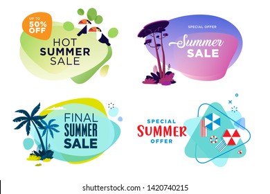 Set of summer sale labels and stickers. Flat design vector illustration for website design, online shopping, product promotion, social media, ads, advertising material.