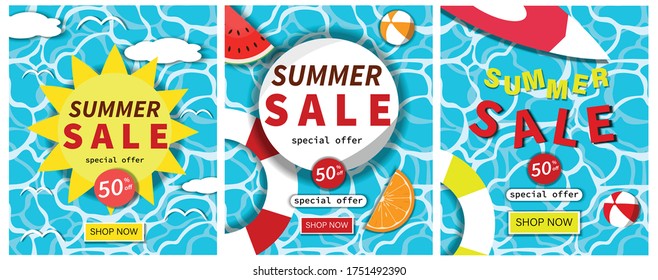 Set Of Summer Sale Poster, banner, advertising, Flowing On water Concept. Vector Design.