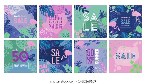 Set of Summer Sale poster with tropic leaves, flowers, flamingoes, advertisement banner tropical background in modern flat style, flash spring special offer, poster ad, flyer. Vector illustration