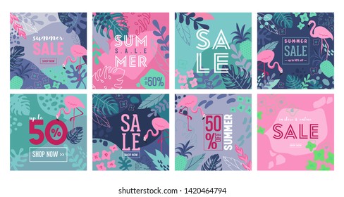 Set of Summer Sale poster with tropic leaves, flowers, flamingoes, advertisement banner tropical background in modern flat style, flash spring special offer, poster ad, flyer. Vector illustration