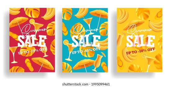 Set of summer sale posters or web banners with mono color modern print pattern of yellow summer vacation attributes