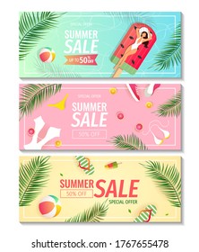 Set of summer sale promo banners with summer elements, clothes, fruits, swimming woman. Vector illustration for special offer, flyer, advertising, commercial, banner.