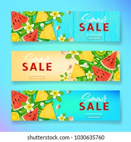 Set of summer sale promo web banners. Top view on Summer composition with tropical fruit and plumeria flowers. Vector illustration with discount offer. Templates of invitation, brochure or voucher.