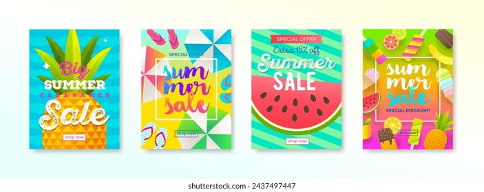 Set of summer sale promotion banner. Summer holidays and travel colorful bright background. Vacation poster design. Vector illustration.