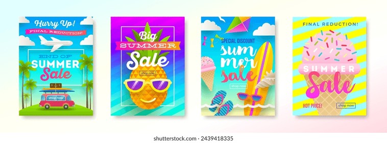 Set of summer sale promotion banners. Summer holiday, vacation and travel colorful bright background. Poster or flyer promo design. Vector illustration.
