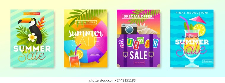 Set of summer sale promotion banners. Summer holidays and travel colorful bright background. Vacation poster  design. Vector illustration.