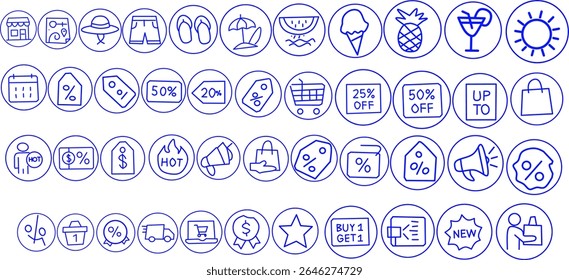 A set of summer sale and shopping line icons featuring discounts, travel, food, fashion, and promotions. Ideal for banners, marketing, websites, and mobile app designs.