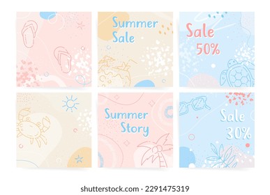 Set of summer sale square posters backgrounds for tropical, floral, vacation, sea and beach style posters, posts, banners. Seasonal summer seaside beach party vector background for discount coupons.