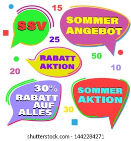 Set of summer sale stickers. Text in German says Final Summer Sale, Summer Sale, Discounts for Everything