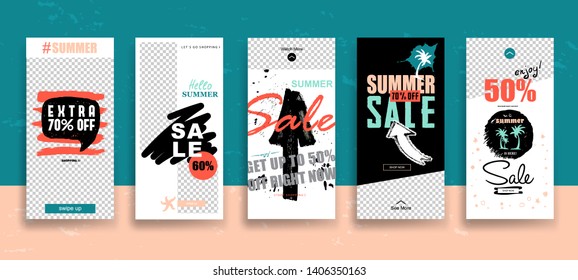 Set of Summer Sale Stories template with swipe up buttons. Streaming. 
Creative universal cards  in trendy style with Hand Drawn textures on transparent background for social media promo.
Vector