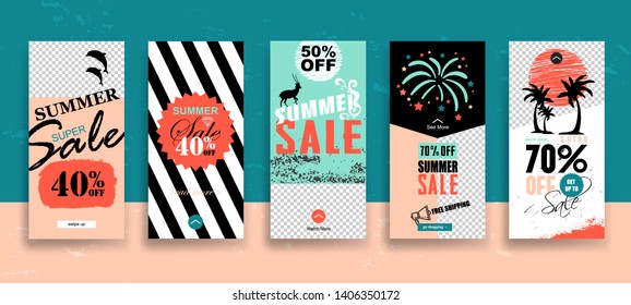 Set of Summer Sale Stories template with swipe up buttons. Streaming. 
Creative universal cards  in trendy style with Hand Drawn textures on transparent background for social media promo.
Vector 