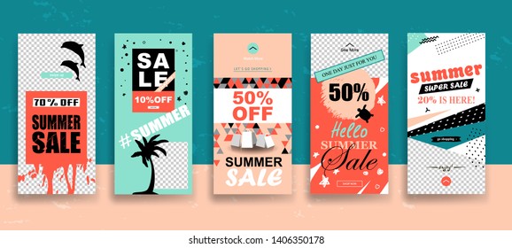 Set of Summer Sale Stories template with swipe up buttons. Streaming. 
Creative universal cards  in trendy style with Hand Drawn textures on transparent background for social media promo.
Vector 