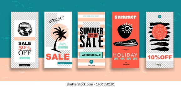 Set of Summer Sale Stories template with swipe up buttons. Streaming. 
Creative universal cards  in trendy style with Hand Drawn textures on transparent background for social media promo.
Vector 