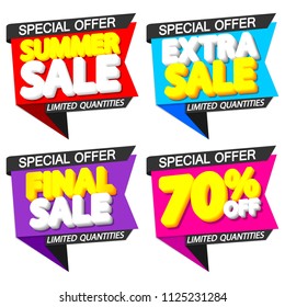 Set Summer Sale tags, discount banners design template, 70% off, app icons, special offers, vector illustration