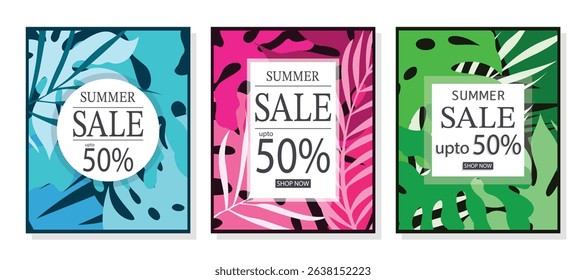 Set of summer sale template backdrops. Trendy hand drawn tropical backdrop ideas for templates, flyer, banner, poster, post card. business.