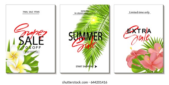 Set of summer sale template banner. Tropical backgrounds set with palms, sky and sunset. Wallpaper,flyers, invitation, posters, brochure, voucher discount.Vector illustration