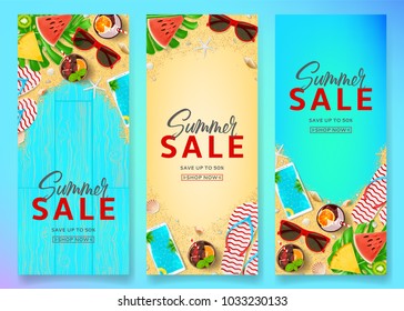 Set of summer sale vertical banners. Top view on Summer compositions on sea sand and wooden texture. Vector illustration with special discount offer. Templates of invitation, brochure or voucher.