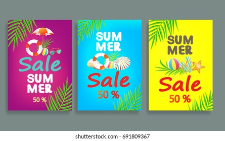 Set of summer sales discount banner. Bright sale flyers