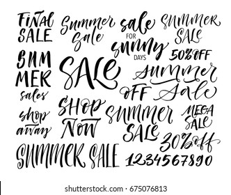 Set of summer sales phrase. Final sale, shop away, shop now, number from 1 to 0, mega sale, sale for sunny days and others. Ink illustration. Modern brush calligraphy. Isolated on white background.