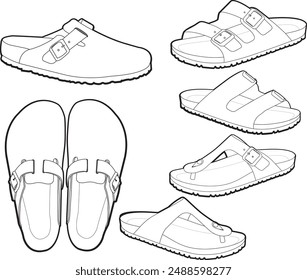 A set of summer sandals birkenstocks style sandals vector illustration footwear drawing shoes illustration 