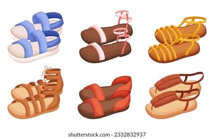 Set of Summer Sandals, Must-have Footwear Option. They Provide Breathability And Freedom For Your Feet, Making Them Perfect For Warm Weather And Casual Outings. Cartoon Vector Illustration