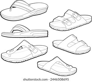 un conjunto de sandalias de verano sandalias unisex dibujo técnico Ilustración vectorial en blanco y negro 