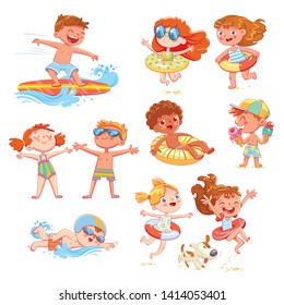 Set of summer scenes with children. Vacation at sea. Child swim with inflatable rubber circle, sunbathe on the beach, surfing, swimming race, eat ice cream. Funny cartoon character