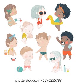 Set of Summer Scenes with Children. Vacation at Sea. Children swim with Inflatable Ring, swimming Mask and Flippers, sunbathe on the Beach, build Sand Castle. Funny Cartoon Character. Vector Set