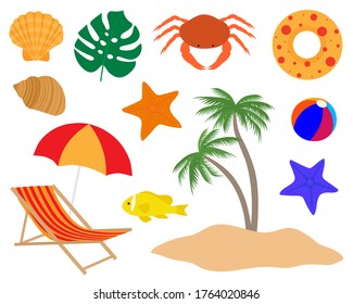 Set summer sea beach palm trees swimsuit sunglasses cream fish shells starfish crab umbrella vector illustration