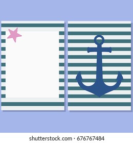 Set summer sea elements in frame with anchor, sea star
