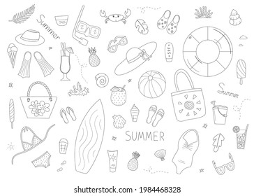 Set of summer, sea and holiday elements. Toys, clothing and accessories, drinks and ice cream, marine life and corals. Isolated contour objects in doodle style on a white.