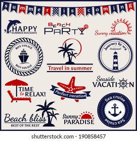 Set of summer and sea labels, logos and emblems. Collection of elements for design and page decoration. Vector illustration.